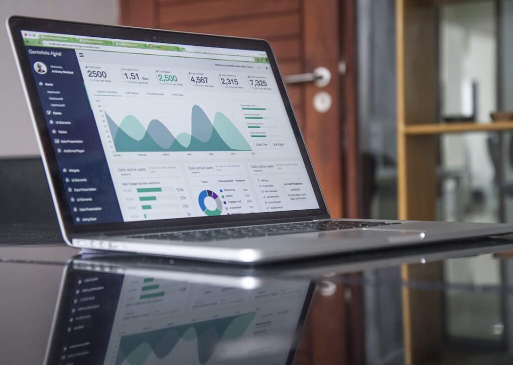 Laptop showing conversion analytics dashboard with traffic and performance charts — illustrating how layered copy formulas produce measurable results.