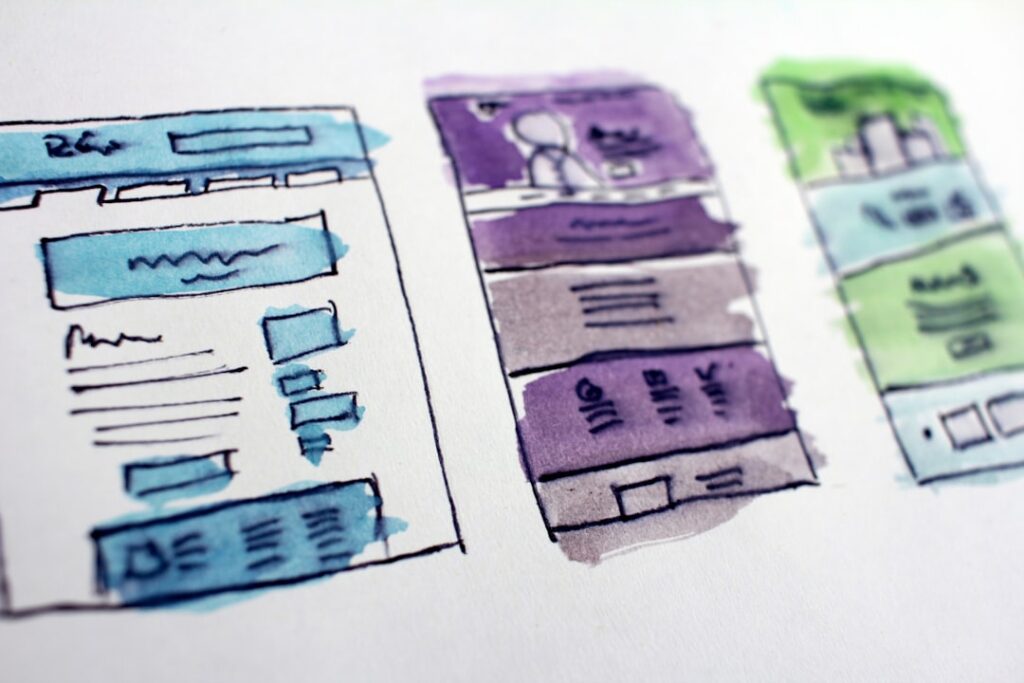 Watercolor wireframe sketches of different website and landing page layout patterns