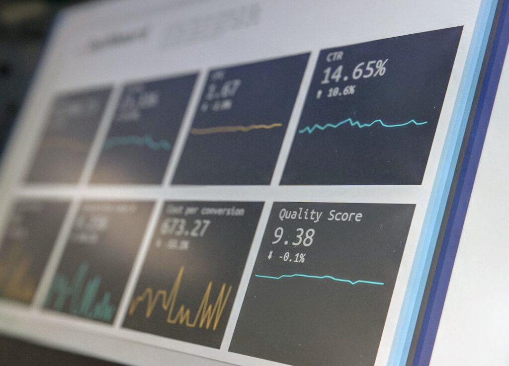 Marketing data reporting dashboard showing CTR percentage, cost per conversion, and quality score metrics for landing page testing