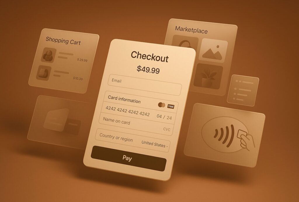 Ecommerce checkout landing page UI showing a product price, cart, and payment form — illustrating the conversion-focused design structure of high-performing product landing pages.
